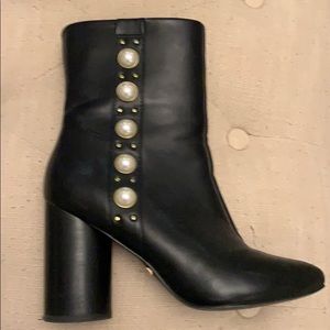 Kensie black leather booties with pearl detail